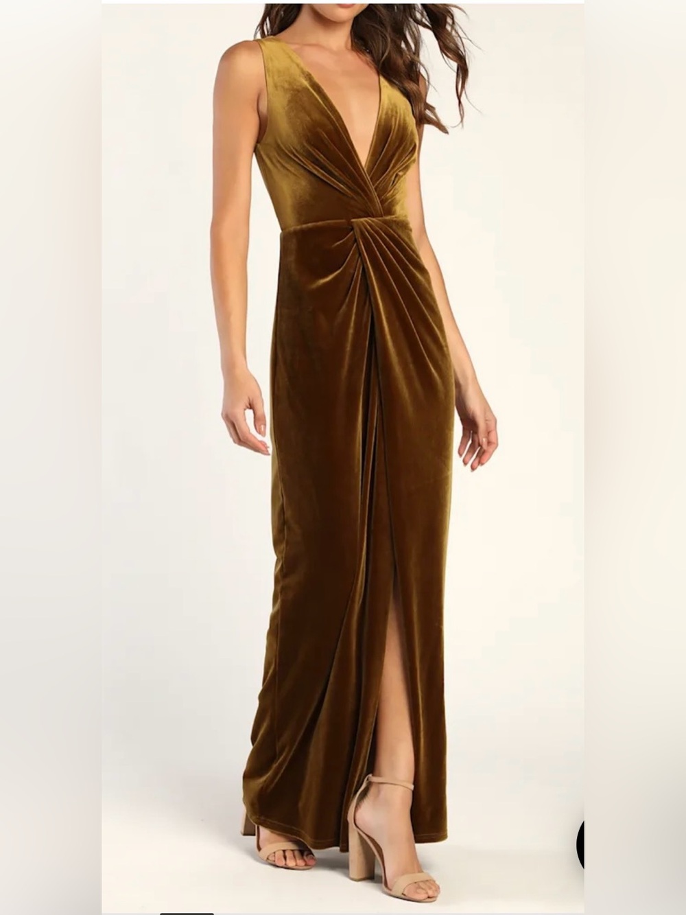 Lulu's Olive Green Velvet Twist Maxi Skirt Plunge Neckline Evening Gown